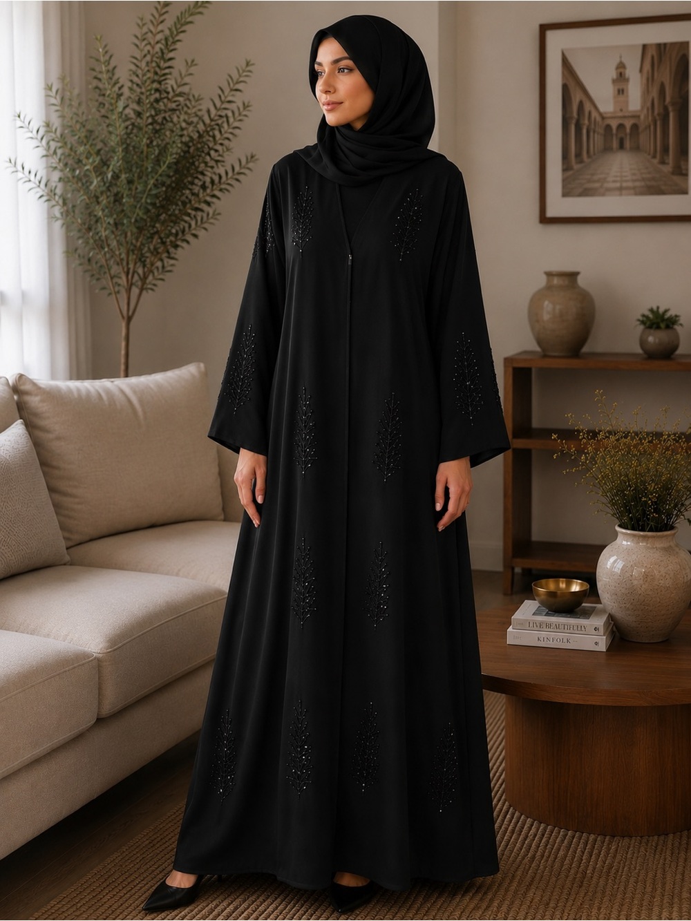 Abaya 2 piece Elegant Black Embellished Abaya - Modest Women's Dress